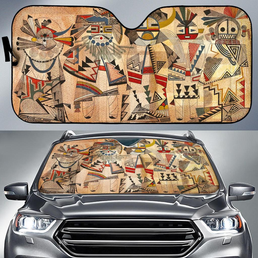Multicolor Native American pattern auto sun shade, full windshield cover