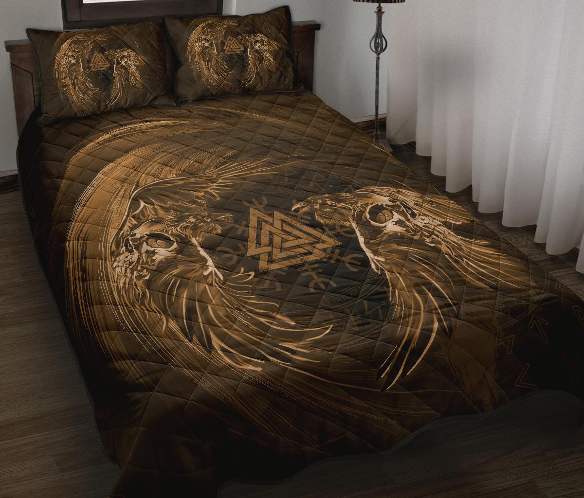 Viking Quilt Bed Set Ravens Skull Tattoo - Gold 9 RLT12 - Wonder Print Shop