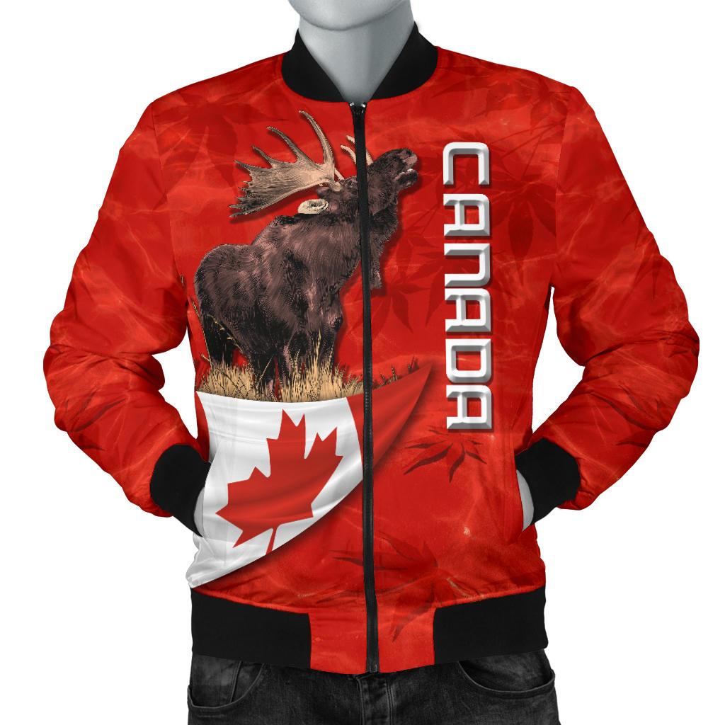 Red bomber jacket with moose & Canada flag graphic, black ribbed cuffs, zip front.