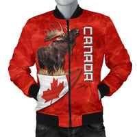 Red bomber jacket with moose & Canada flag graphic, black ribbed cuffs, zip front.