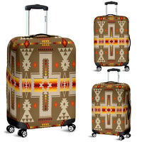 Light brown tribal luggage cover with multicolor geometric arrows, cross motifs and wheels