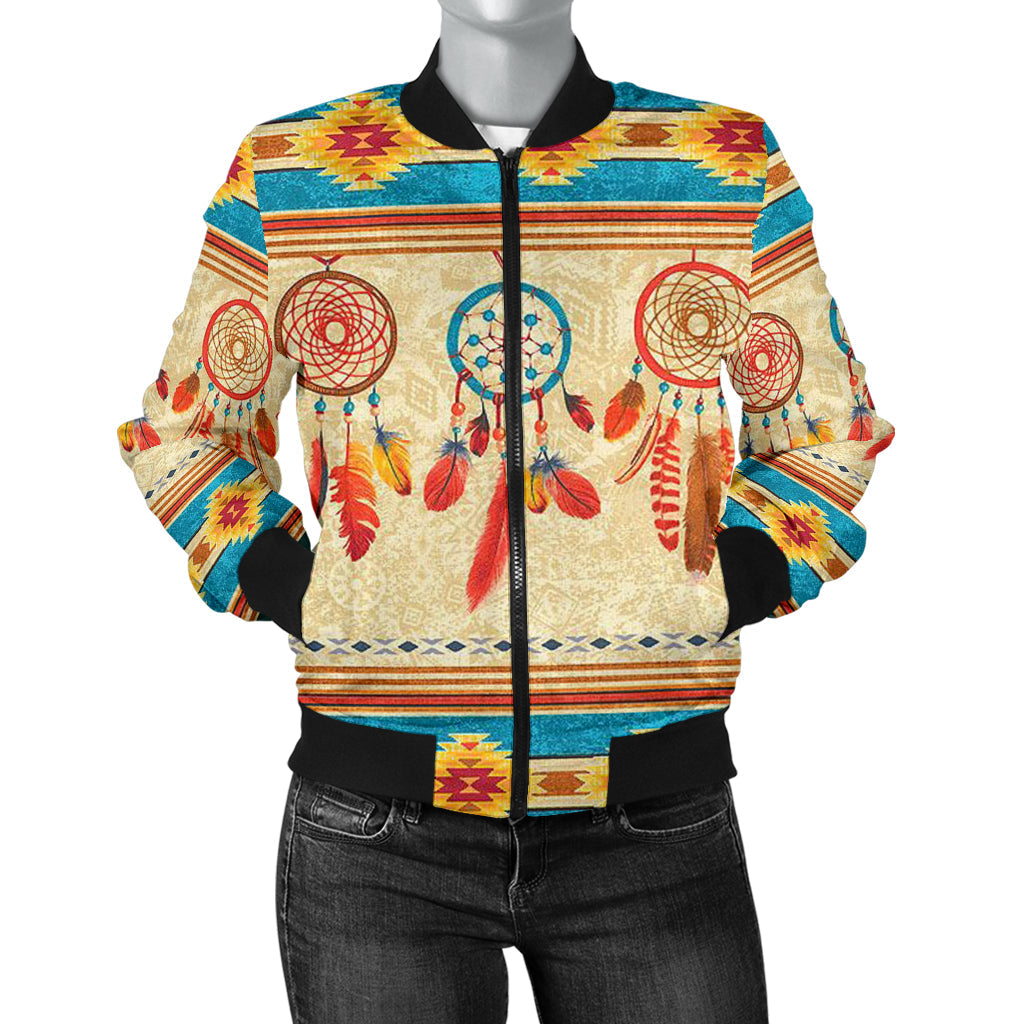 Multicolor women’s bomber jacket with dreamcatcher-feather graphic, front zipper