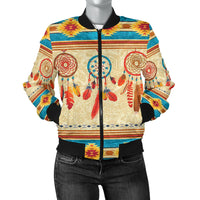 Multicolor women’s bomber jacket with dreamcatcher-feather graphic, front zipper
