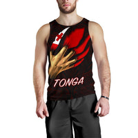 Men's red tank top front view, 'TONGA' lettering with hand and flag graphic