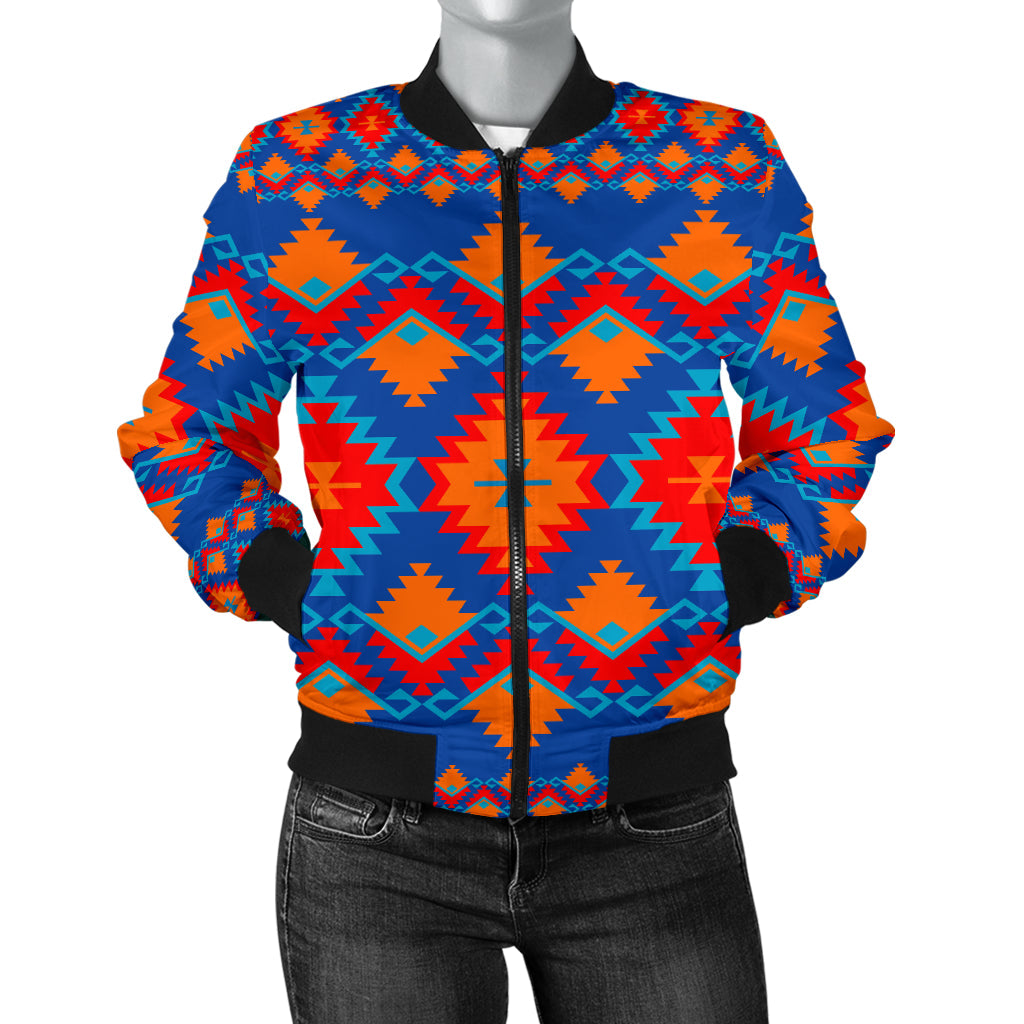 Women’s bomber jacket with bold geometric pattern, front zip and black ribbed trim