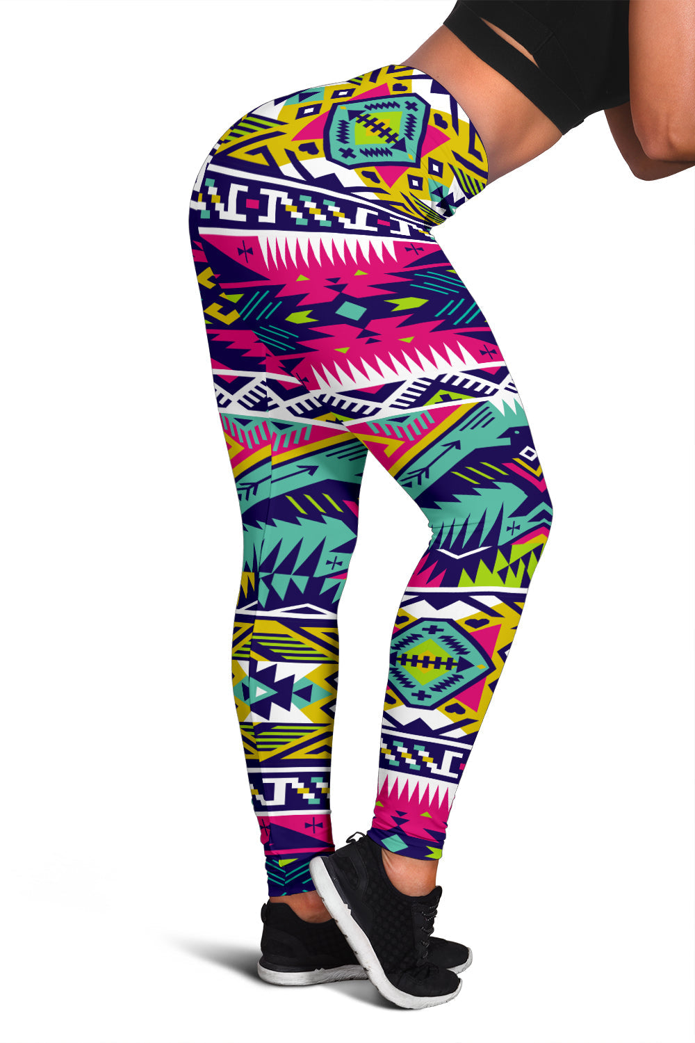 Multicolor geometric Native-style leggings, full length, stretchy knit.
