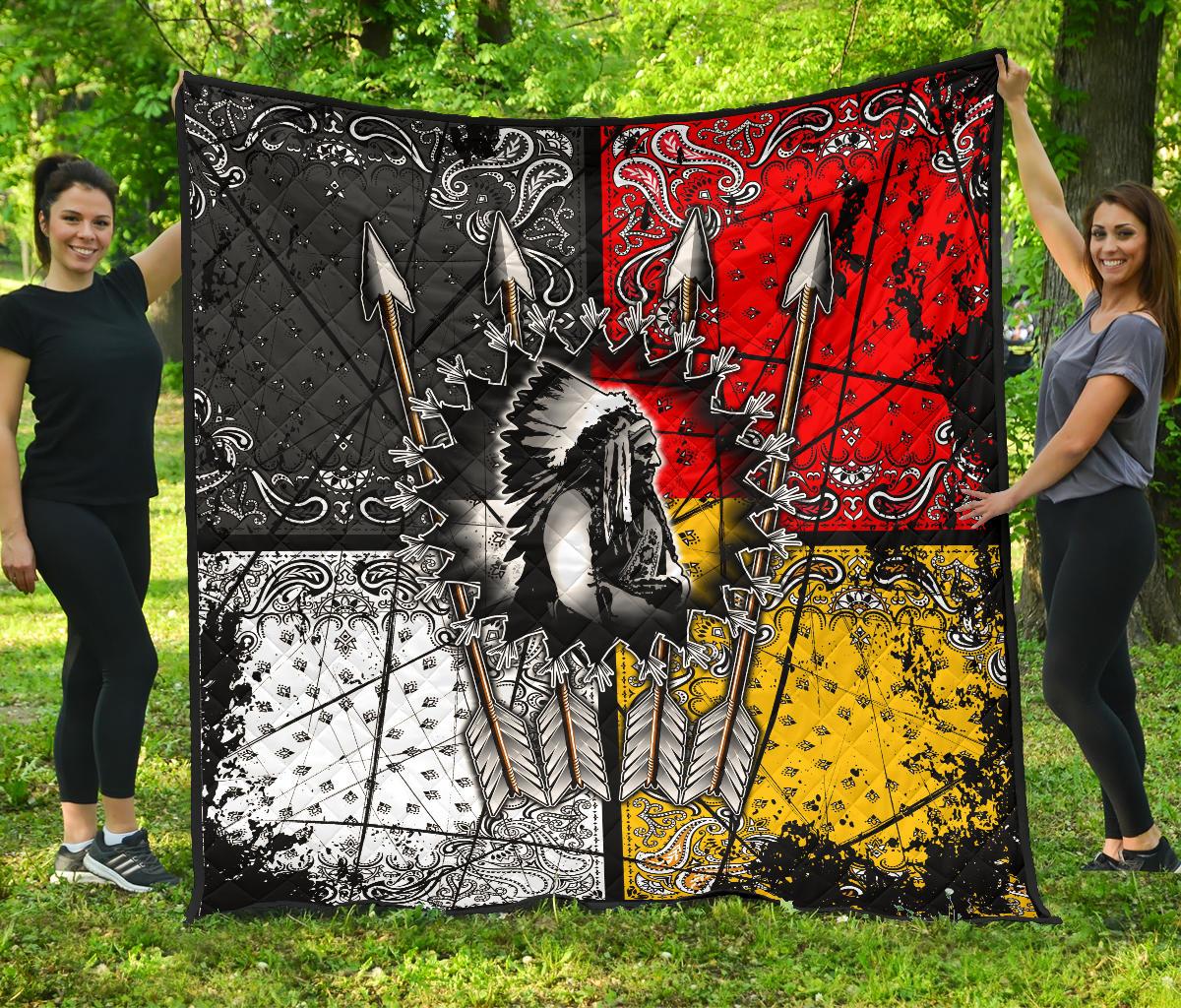 Chief Arrow Native American quilt, multicolor red yellow black panels with arrow and feather art