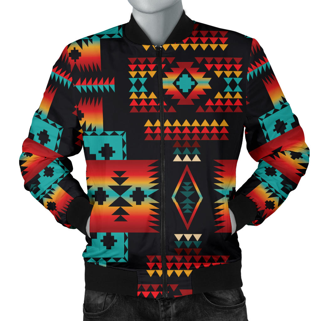 Black bomber jacket with multicolor Native tribal pattern, front zipper