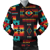 Black bomber jacket with multicolor Native tribal pattern, front zipper