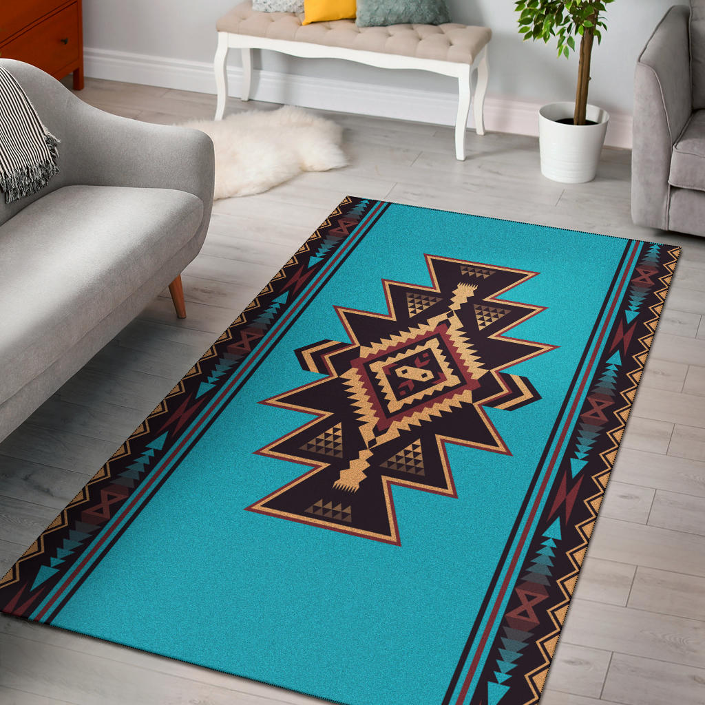 Western Native American area rug with turquoise center star and geometric border