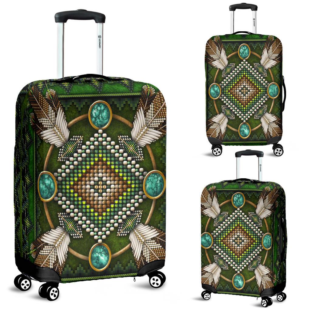 Luggage cover with Native mandala pattern, green and blue beaded details, front view