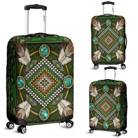 Luggage cover with Native mandala pattern, green and blue beaded details, front view