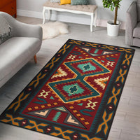 Multicolor Native American style area rug with geometric star and border pattern, dark base.