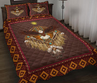 Native American dreamcatcher quilt bed set with two pillows, burgundy center panel