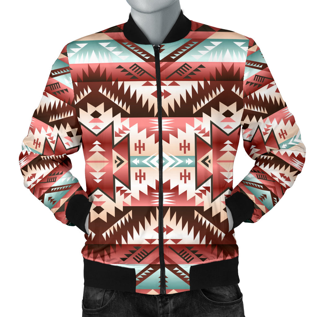 Men's bomber jacket with colorful geometric aztec pattern, full-zip front, black cuffs