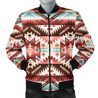 Men's bomber jacket with colorful geometric aztec pattern, full-zip front, black cuffs
