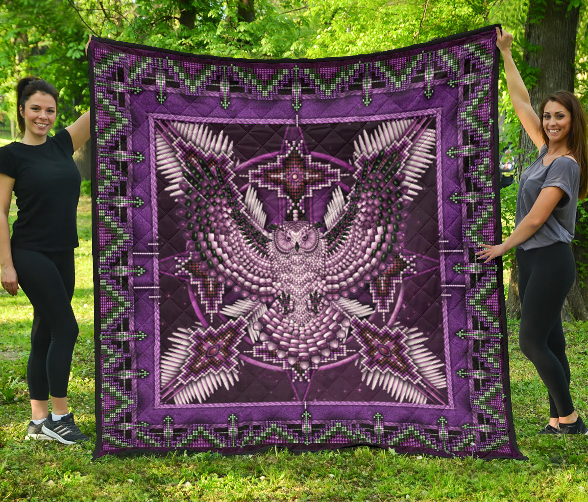 Purple mandala Native American pattern quilt with green beaded border and central eagle