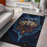 Galaxy wolf area rug with glowing blue, gold, and purple cosmic lines and star accents