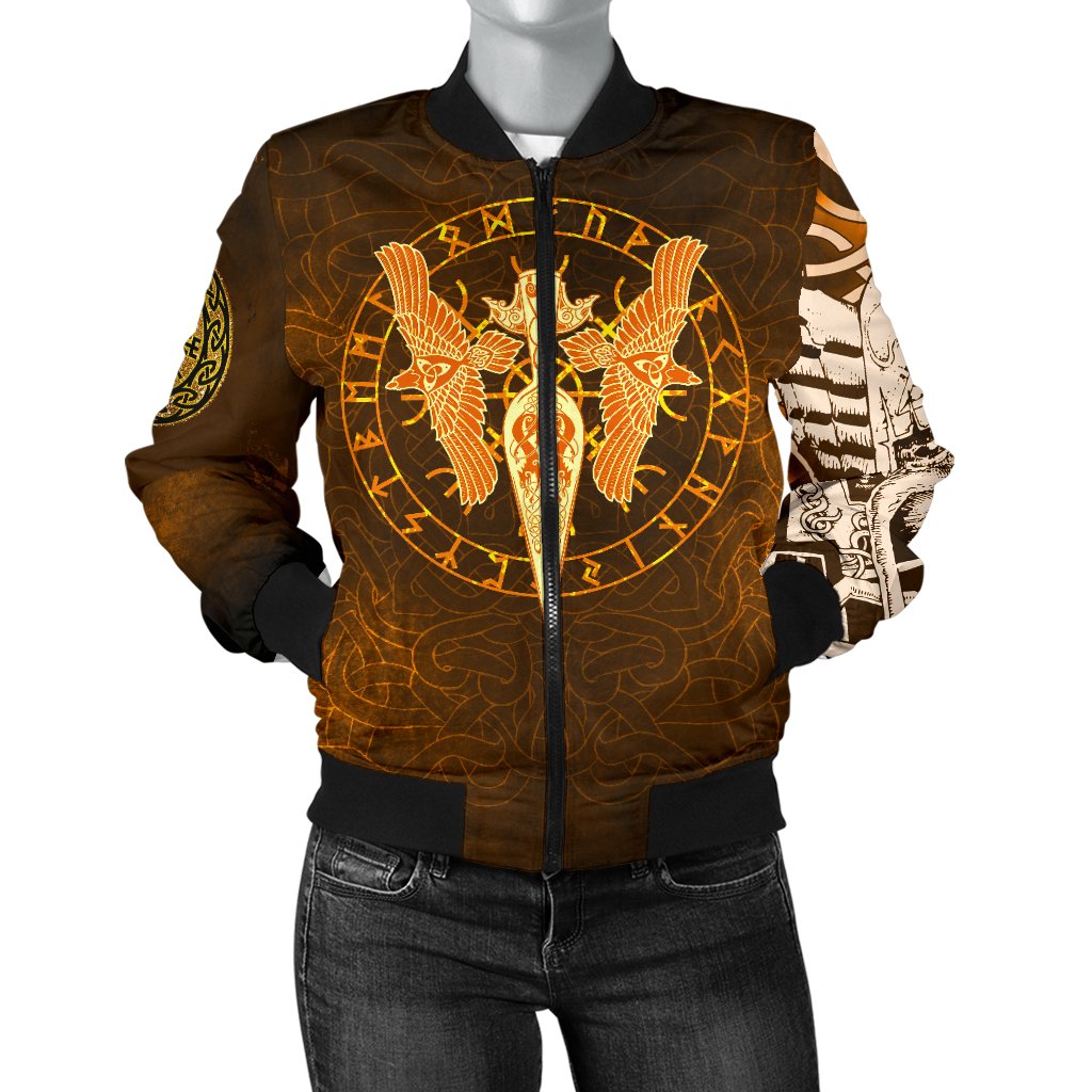 Viking Women's Bomber Jackets Gold Spear Of The God Odin - Gungnir and Two Gold Ravens RLT12 - Wonder Print Shop