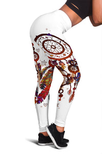 White leggings with multicolor dreamcatcher and feathers graphic, full length