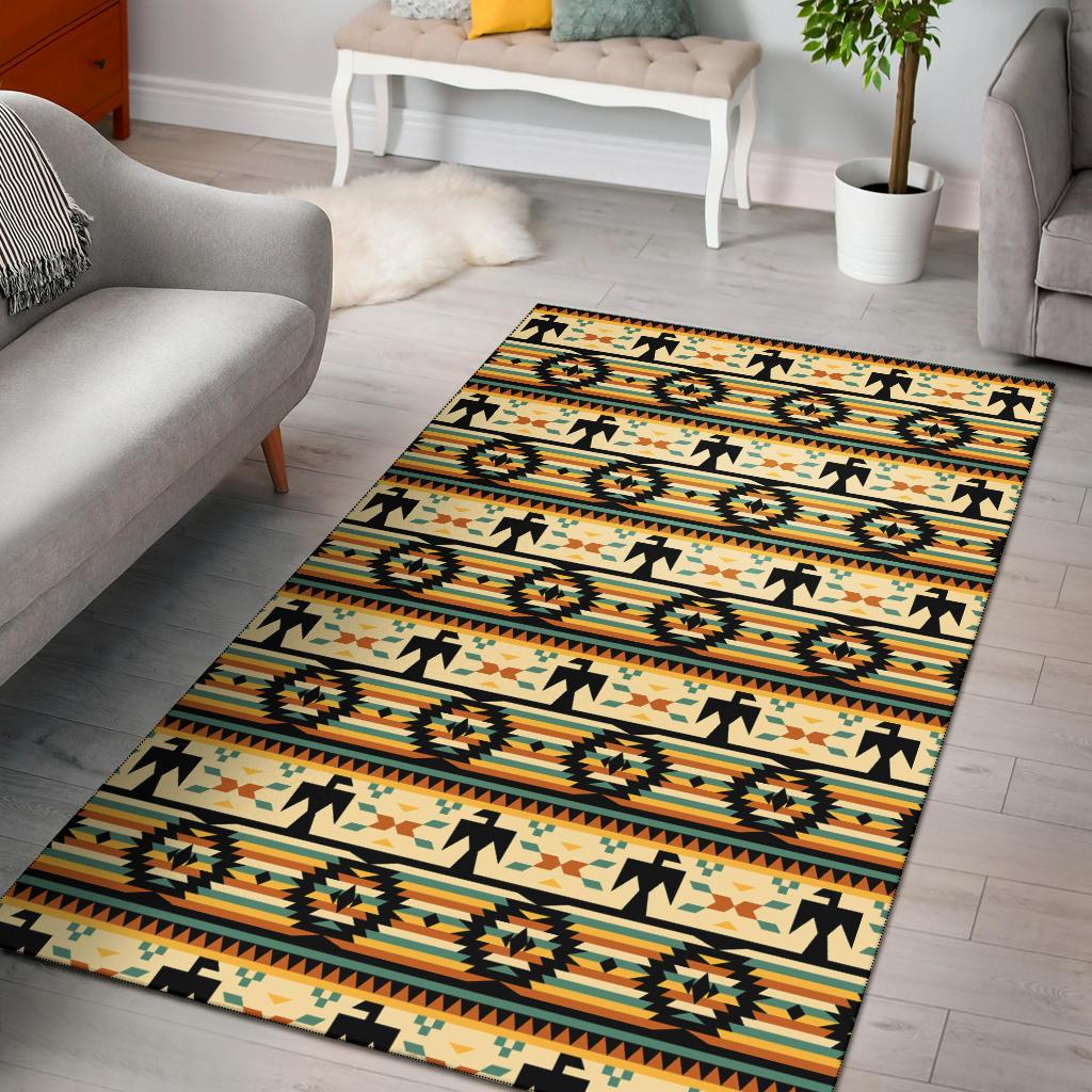 Yellow Native American style area rug with geometric tribal pattern and dark border