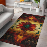 Native American geometric area rug with red, yellow, green and dark border, full view