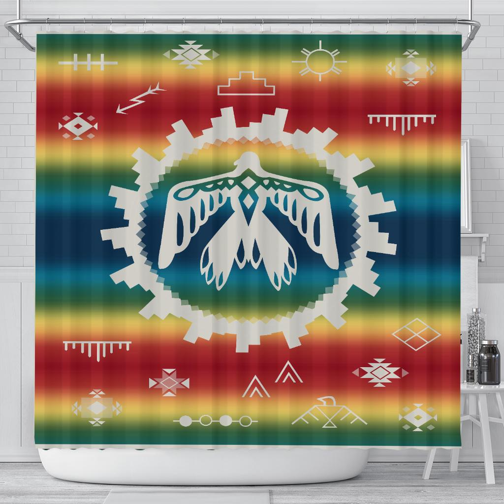 Rainbow gradient shower curtain with large white-and-blue Native circular motif and symbols
