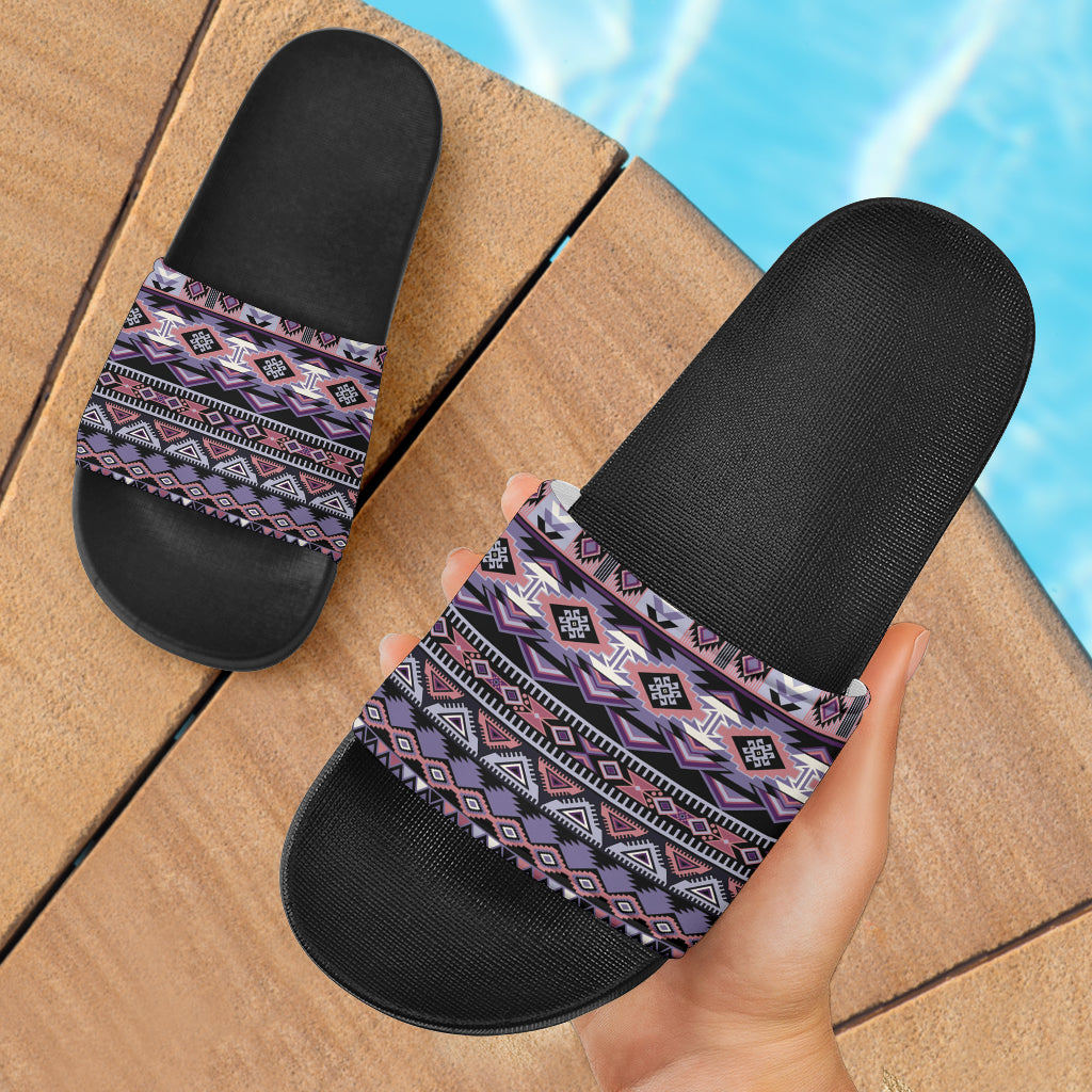 Ethnic pattern slide sandals: black textured footbed, multicolor patterned straps