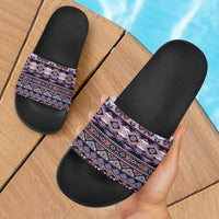 Ethnic pattern slide sandals: black textured footbed, multicolor patterned straps