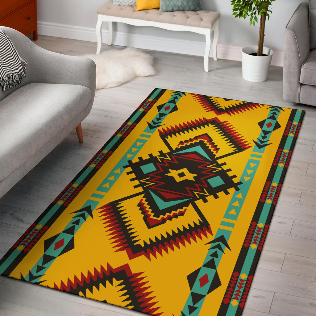 Abstract geometric area rug, multicolor pattern with bold yellow center and teal accents