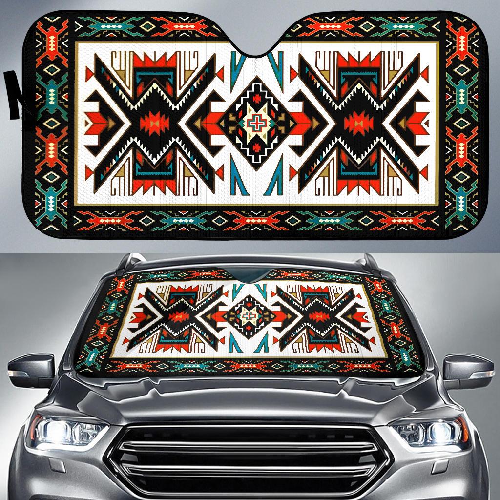 Colorful tribal windshield sun shade with black geometric pattern, full cover