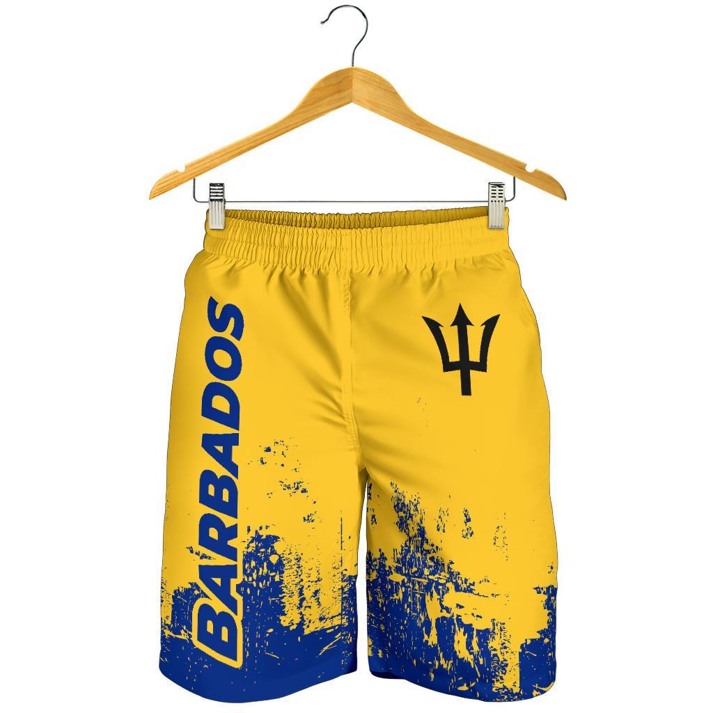 Men’s Barbados shorts with yellow base, blue splatter, 'BARBADOS' print and trident logo