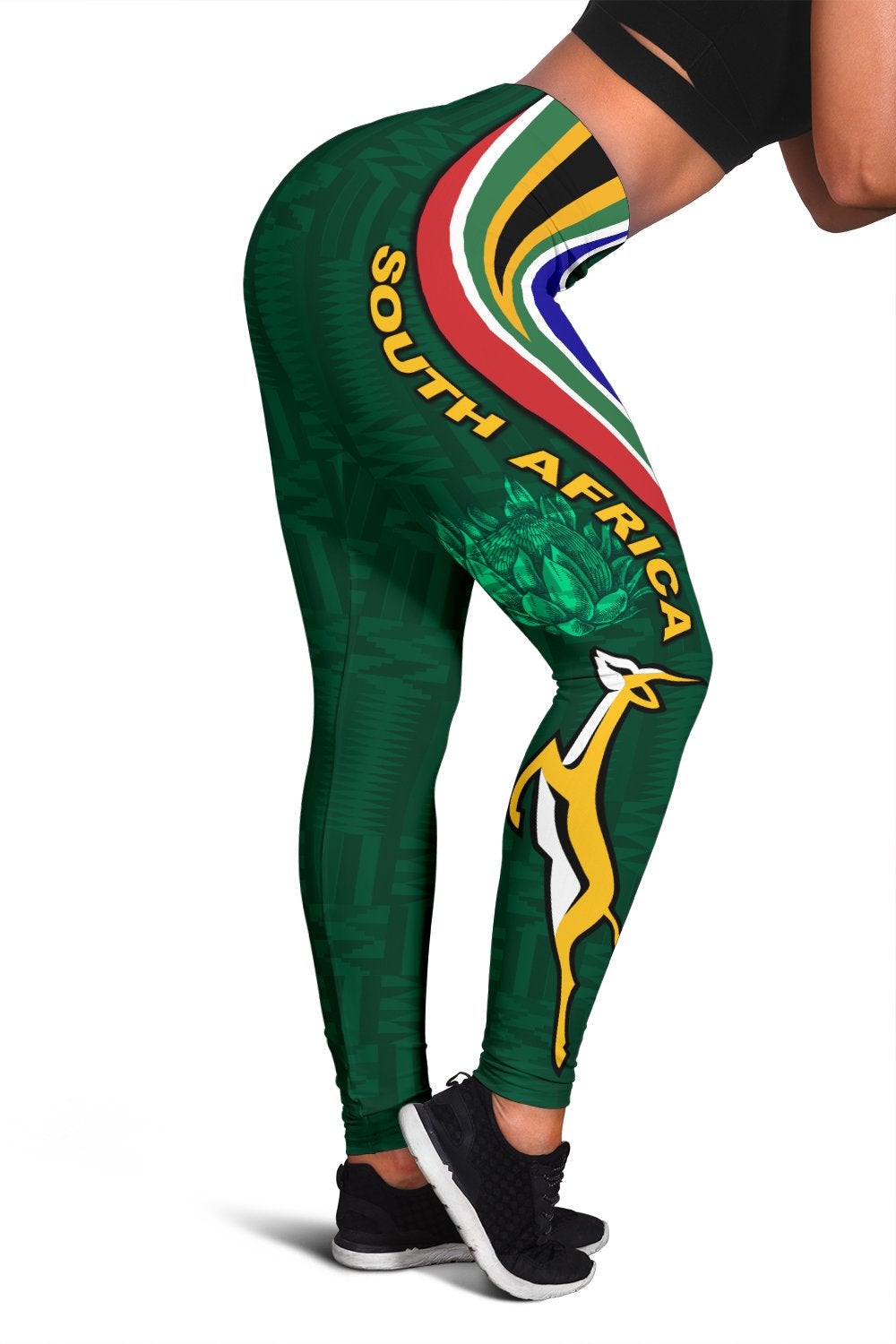 Green South Africa rugby leggings with 'SOUTH AFRICA' text and Bok emblem