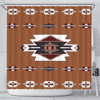 Brown shower curtain with multicolor geometric pattern and central badge design