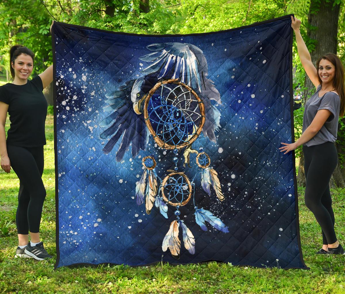 Blue galaxy dreamcatcher quilt with navy diamond quilting and blue-gold dreamcatcher art