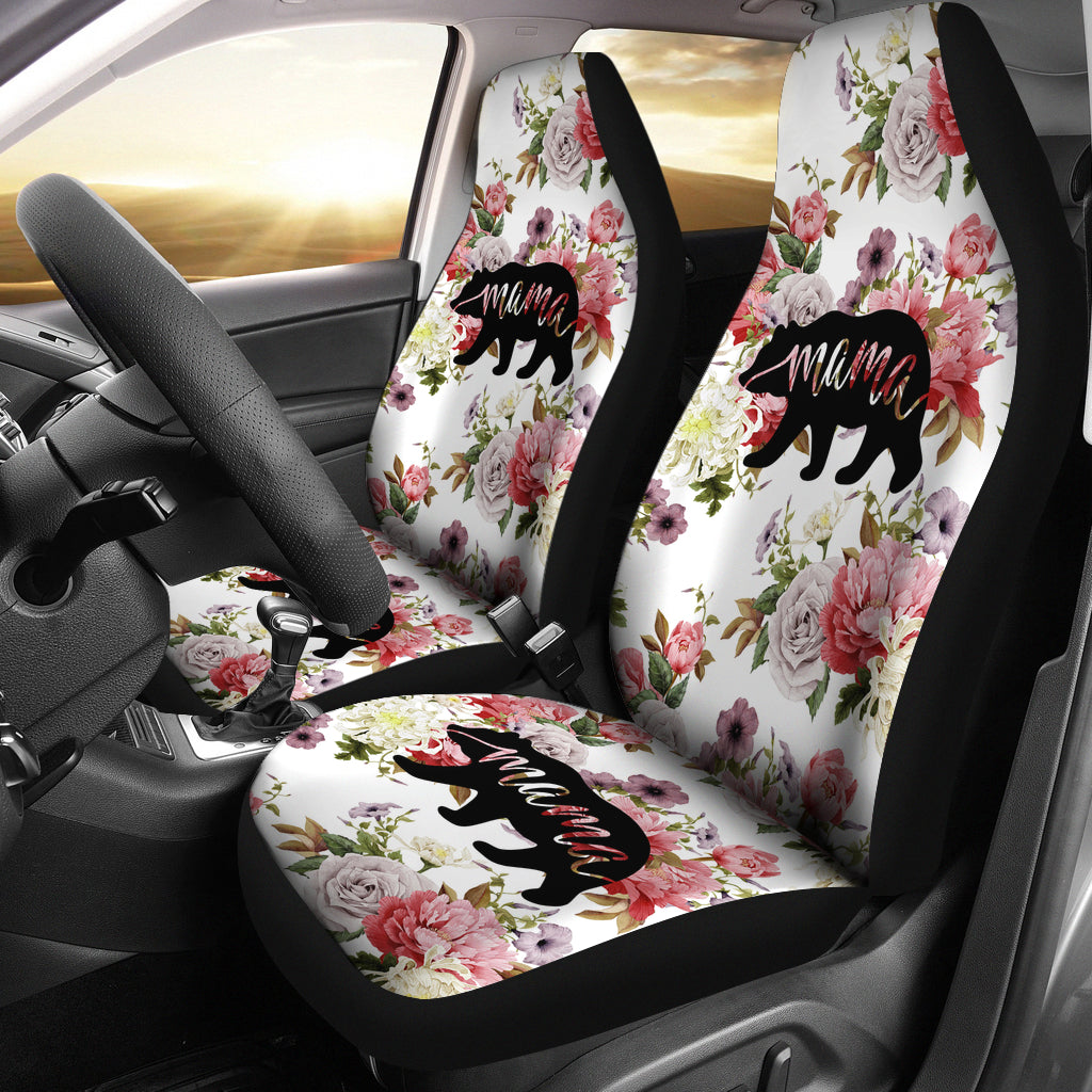 Floral rose car seat covers, black bear mama silhouette, multicolor, dark trim