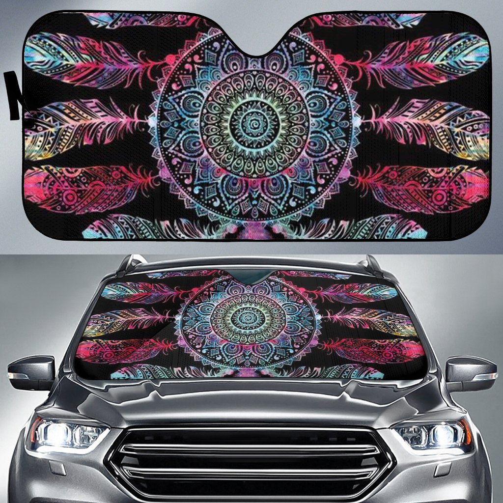 Auto sun shade with black backing and multicolor circular mandala and feather print