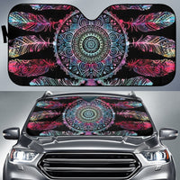 Auto sun shade with black backing and multicolor circular mandala and feather print