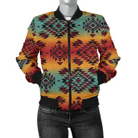 Multicolor geometric bomber jacket, front view, black ribbed cuffs and waistband