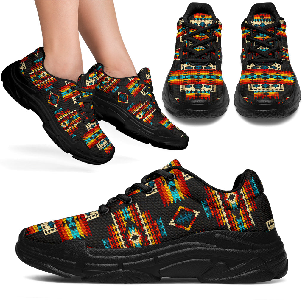 Black chunky sneakers with Native American geometric pattern, lace-up, black sole