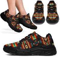 Black chunky sneakers with Native American geometric pattern, lace-up, black sole
