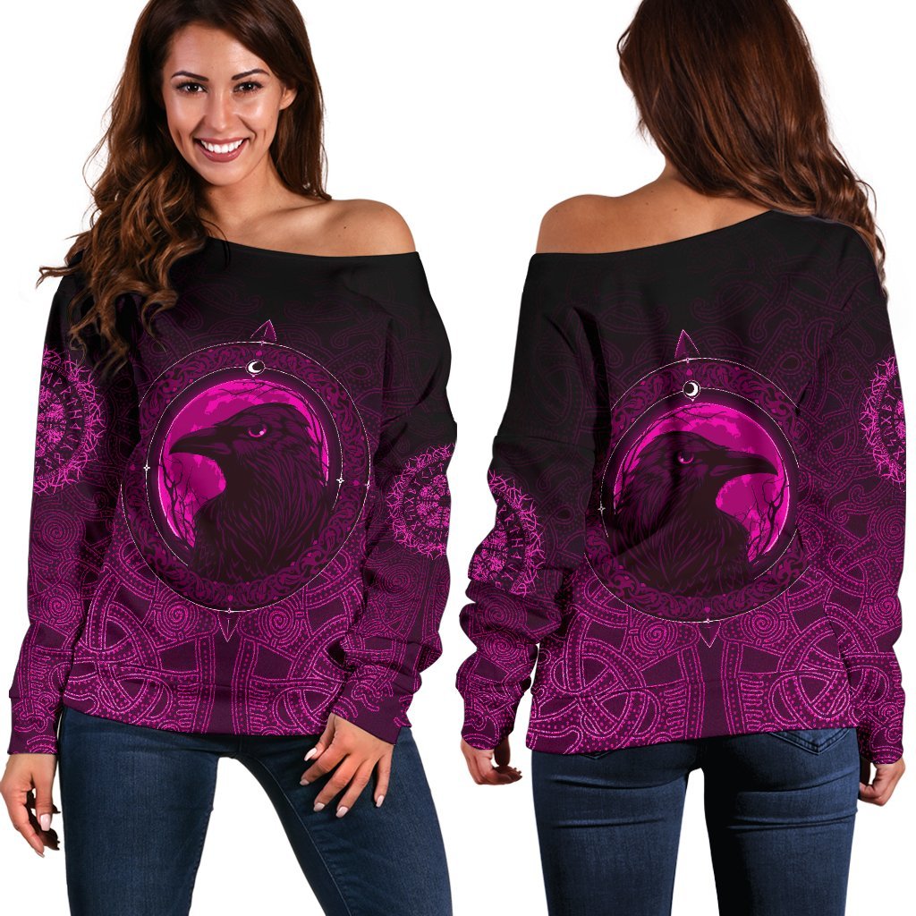 Viking Women's Off Shoulder Sweater, Ethnic Odin Raven Pink RLT12 - Wonder Print Shop