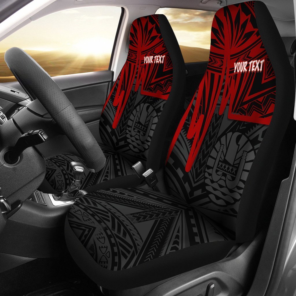 Red and black Tahiti-style car seat covers with bold graphic pattern and “YOUR TEXT”