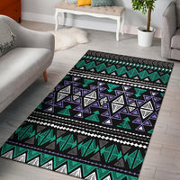 Multicolor neon tribal area rug with geometric triangles and zigzag stripes, black base