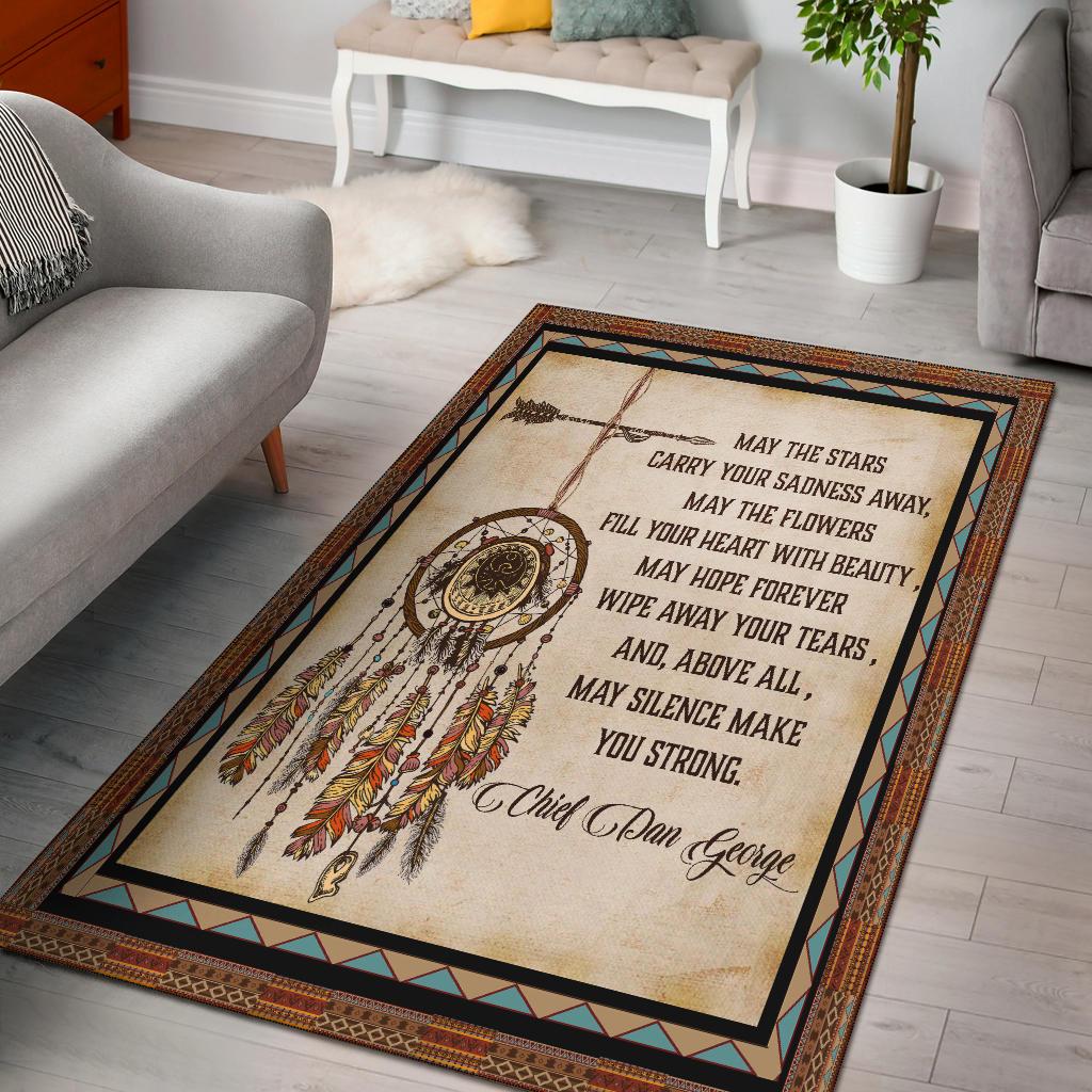 Multicolor Native-inspired area rug with dreamcatcher, feathers, and inspirational text border