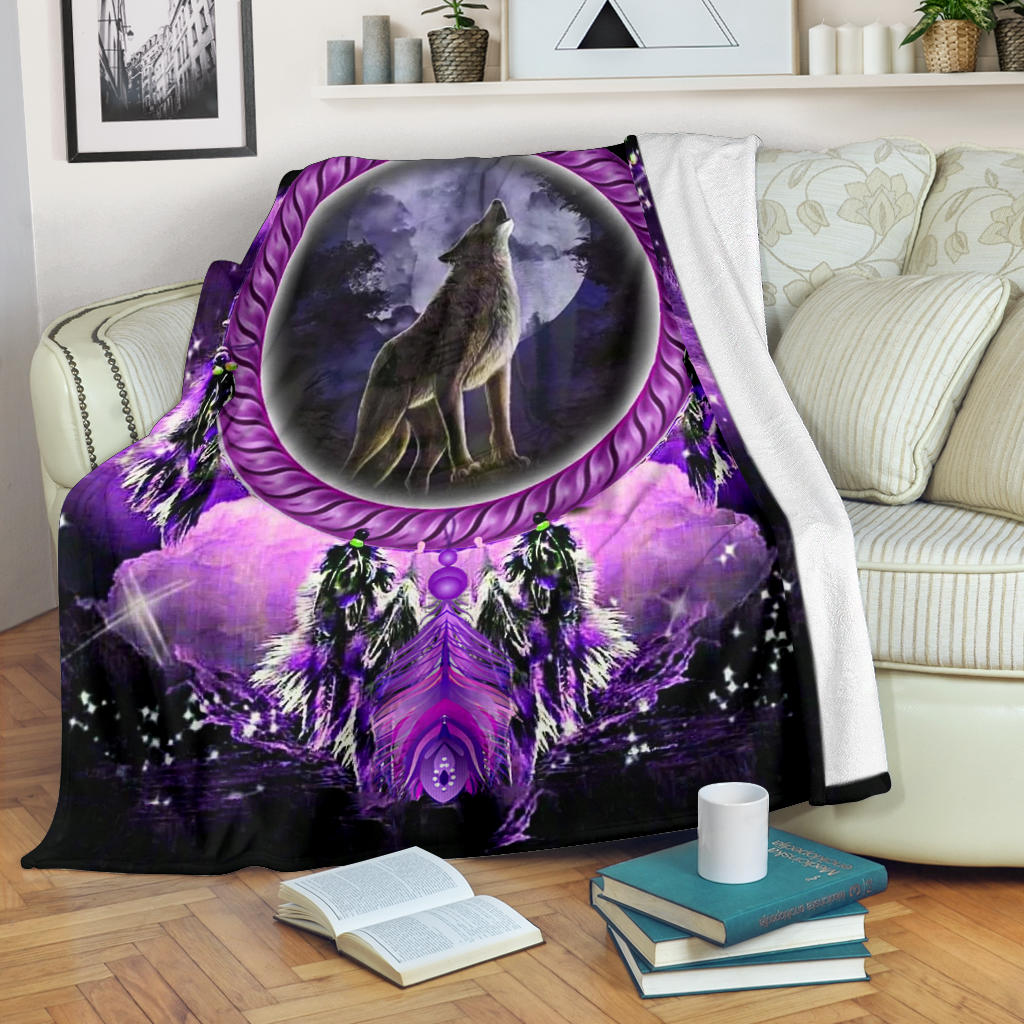 Dream catcher blanket with howling wolf on purple moon and feathered motif