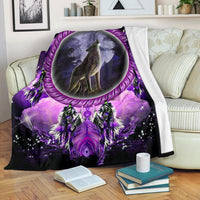 Dream catcher blanket with howling wolf on purple moon and feathered motif
