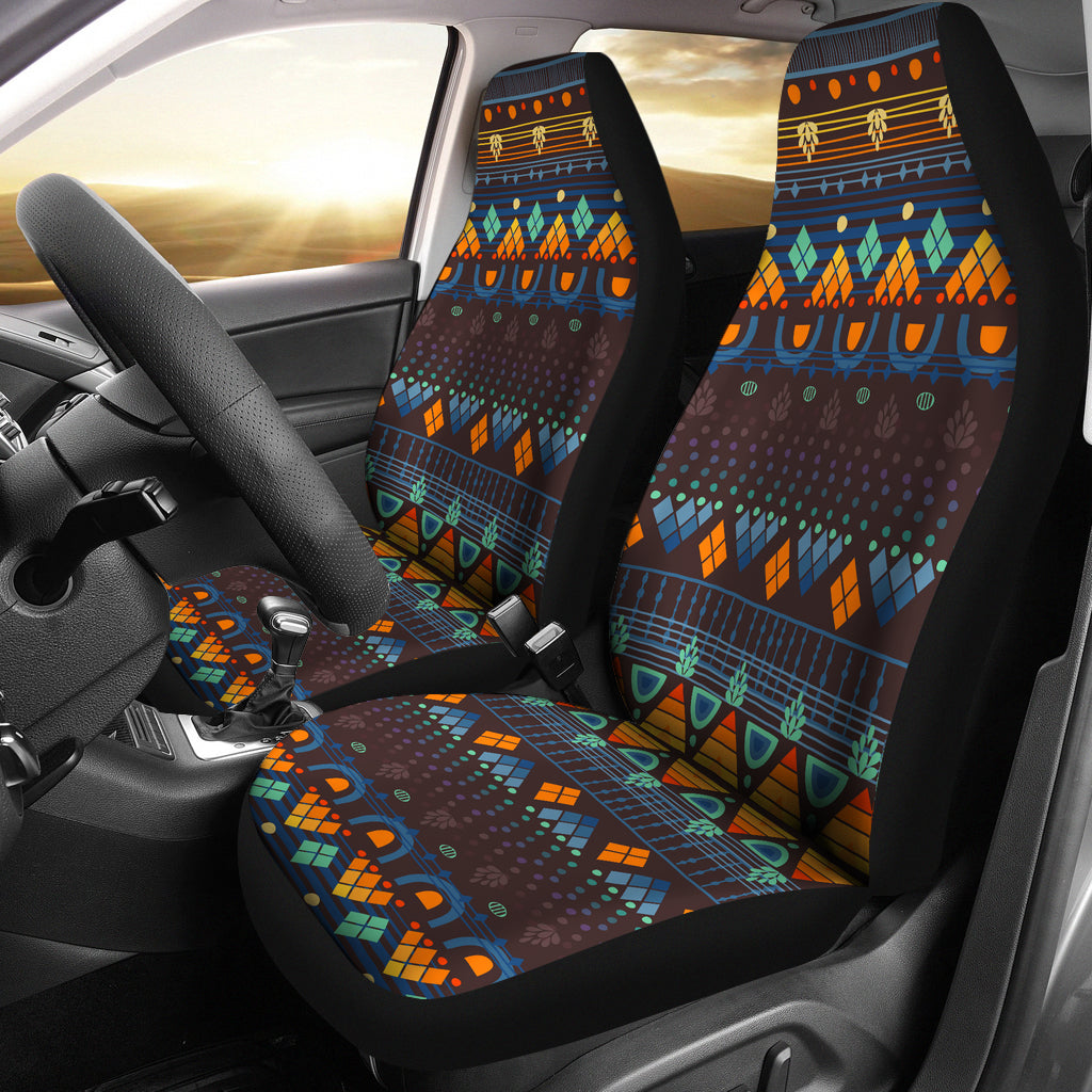 Car seat covers with multicolor geometric ethnic pattern in blue, orange, green on dark fabric