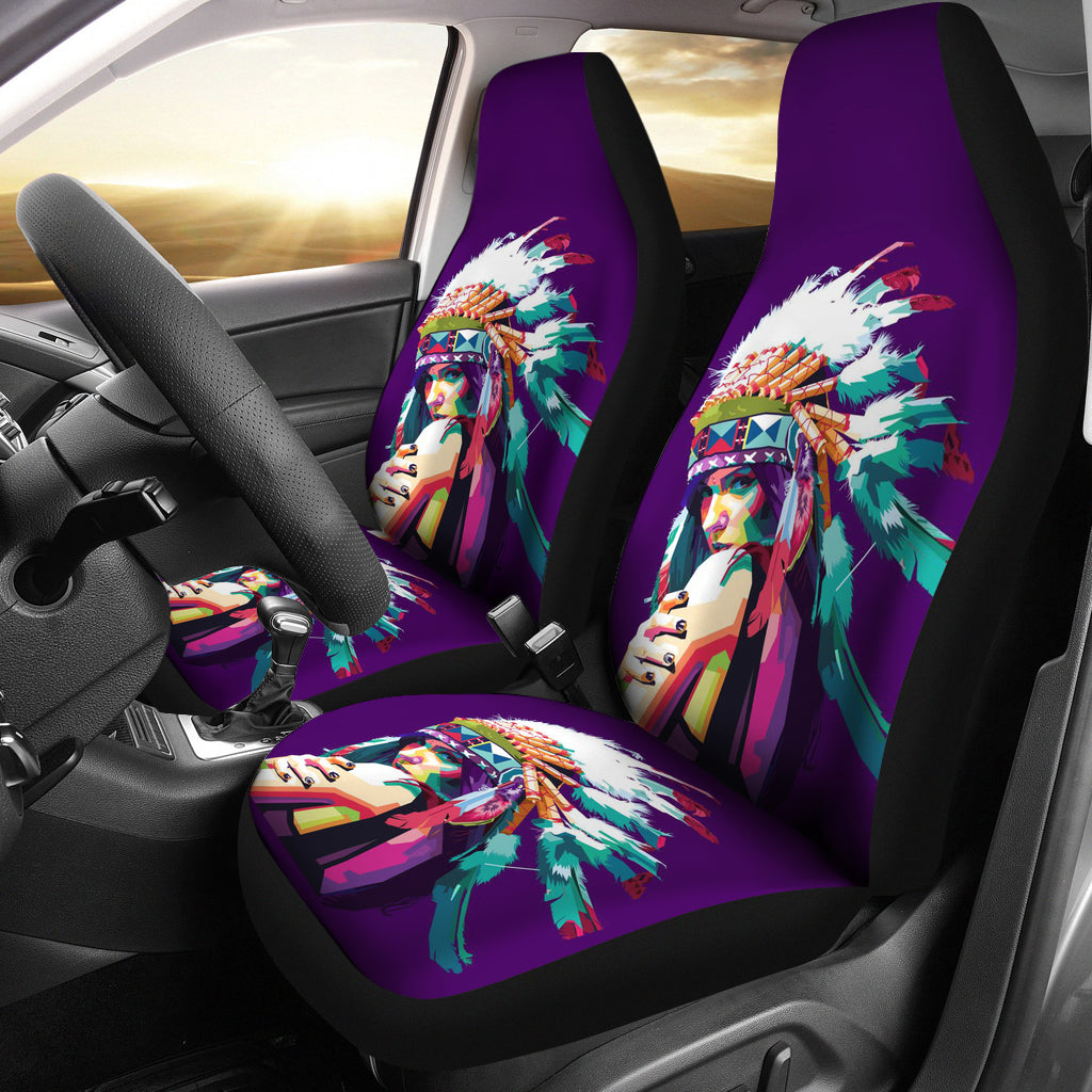 Purple car seat covers with multicolor girl feather headdress print and black sides