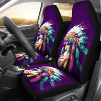 Purple car seat covers with multicolor girl feather headdress print and black sides